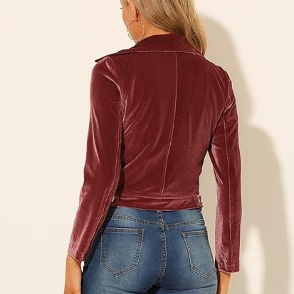 Allegra K Women's Velvet Moto Jacket Cropped Blazer Zip Up Motorcycle - Picture 3 of 8